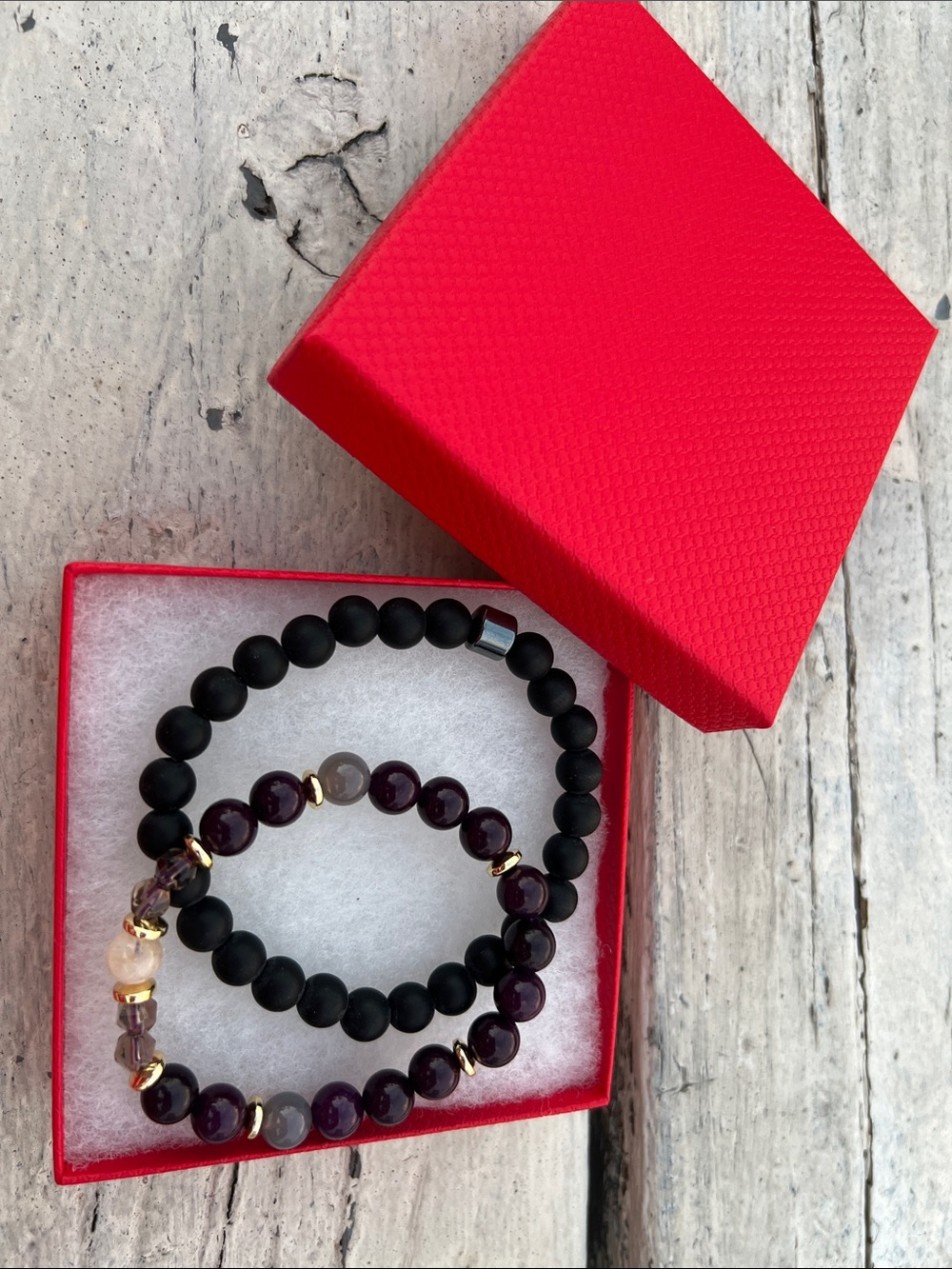 Women's Black & Deep Purple Beaded Stretch Bracelets - Unbranded
